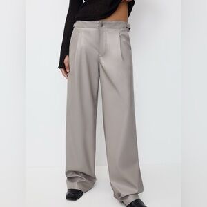 Pull&Bear Wide Leg Leather Trousers with Side Buckle Detail in Stone Gray